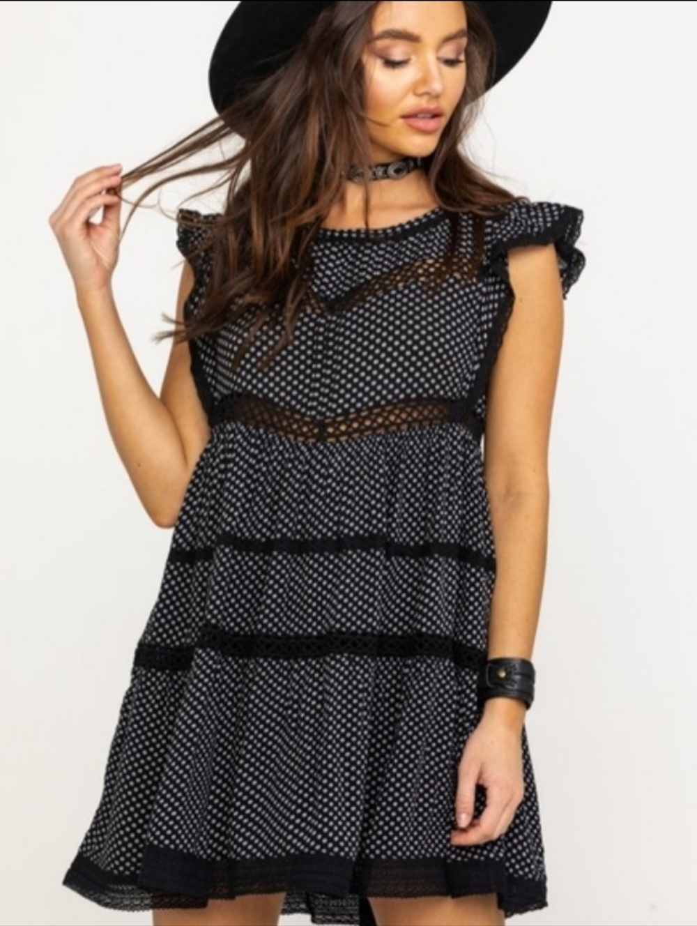Free People Retro Kitty Crochet Trim Black White Floral Boho Dress Size XSmall